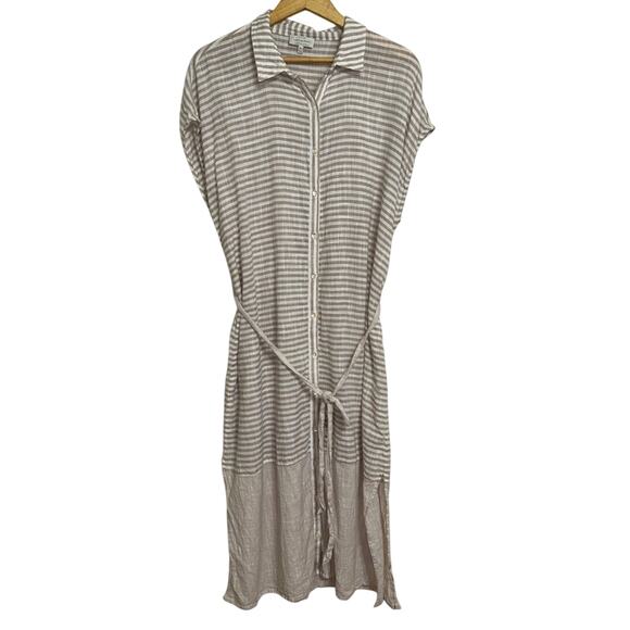 Lucky Brand Tan White Striped Midi Button Down Dress Cotton Size XL - Picture 1 of 5